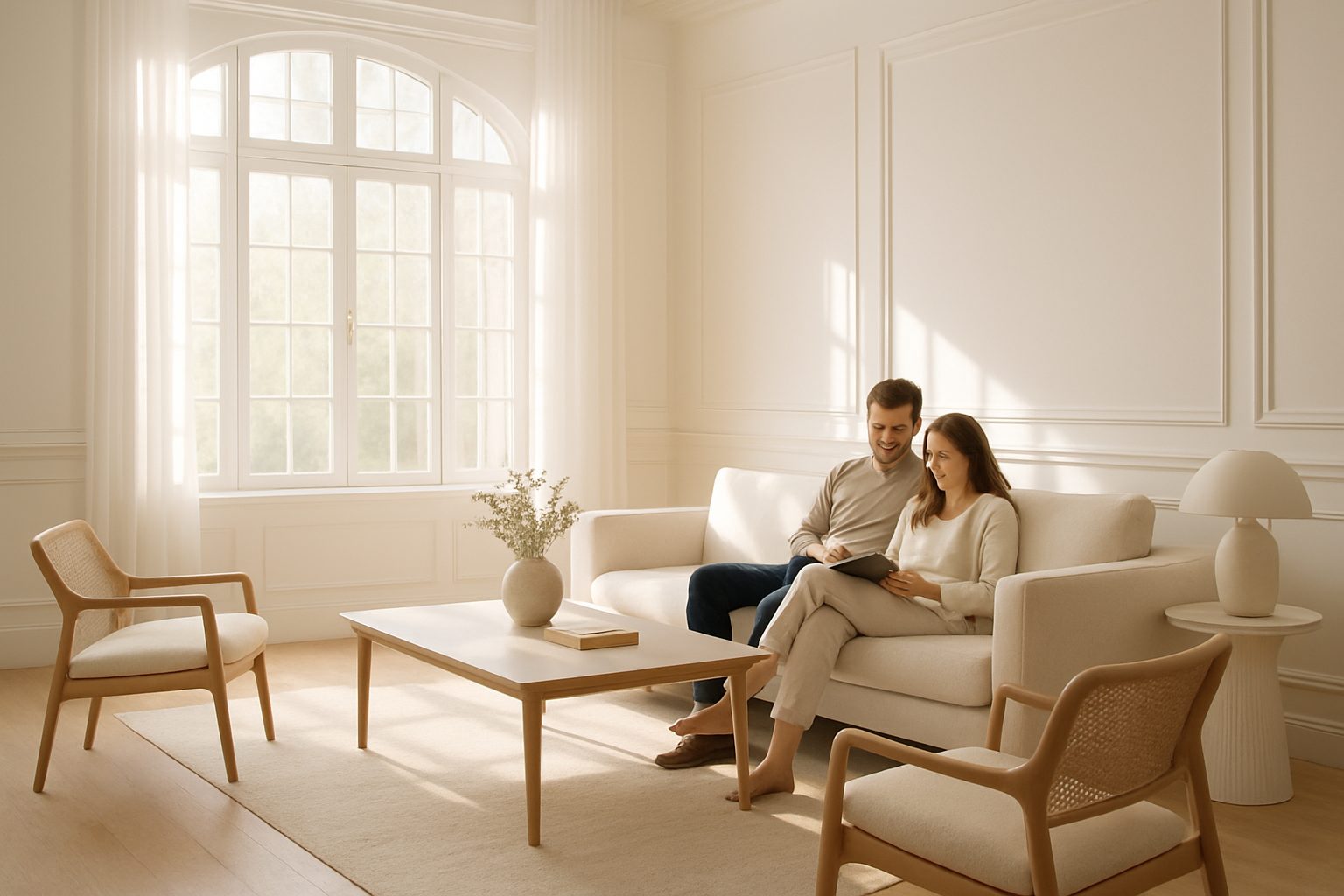 A couple sitting and relaxing in a light room with design furniture.