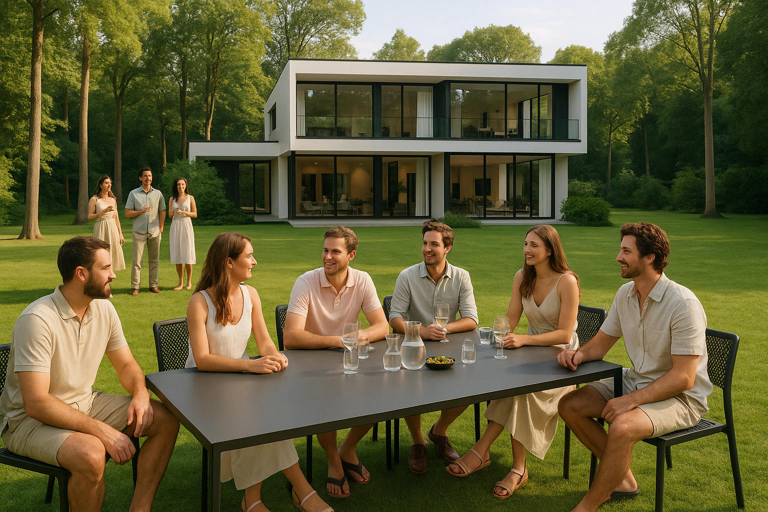 De mensen aan tafel zijn iets luchtiger gekleed en op het grasveld staan ook gasten met een drankje die kijken naar de villa.