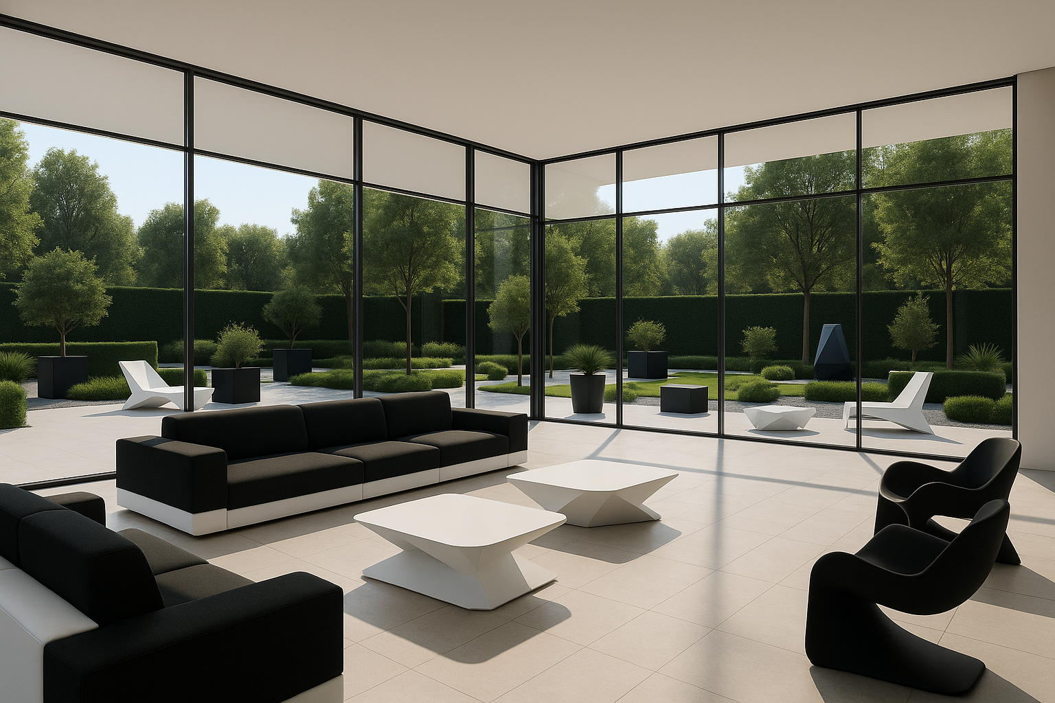 Maak de ruimte groter, de banken moderner en plaatst in de tuin ook wat moderne design meubelen die zichtbaar zijn.